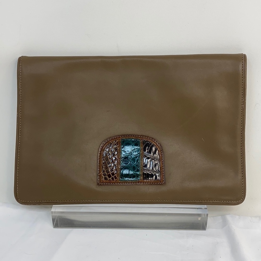 Vintage Large Taupe Brown Leather Envelope Clutch